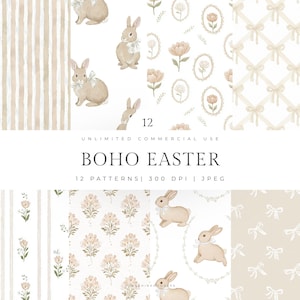 May include: A selection of 12 Boho Easter patterns in beige and cream. The designs feature bunnies, floral arrangements, and bow patterns. The text "BOHO EASTER" is displayed in a decorative font, with the words "UNLIMITED COMMERCIAL USE" above it.