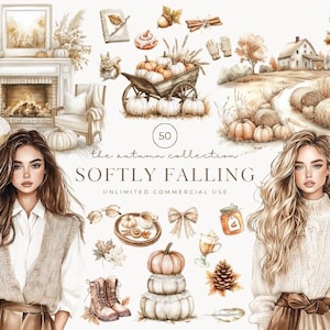 Peut inclure: Illustration à l'aquarelle sur le thème de l'automne. Comprend des citrouilles, des balles de foin, une ferme et deux femmes. Le texte indique "Softly Falling" et "The Autumn Collection". Comprend une cheminée, des chaises et d'autres articles sur le thème de l'automne.