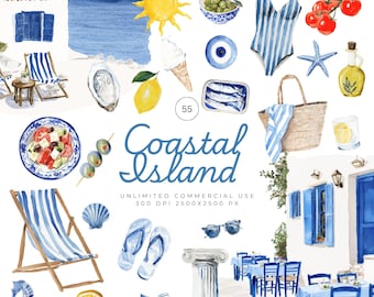 Watercolor Coastal Clipart, Whimsical Preppy Clipart, Greek Clipart, Summer watercolor clipart, Mediterranean watercolor clipart