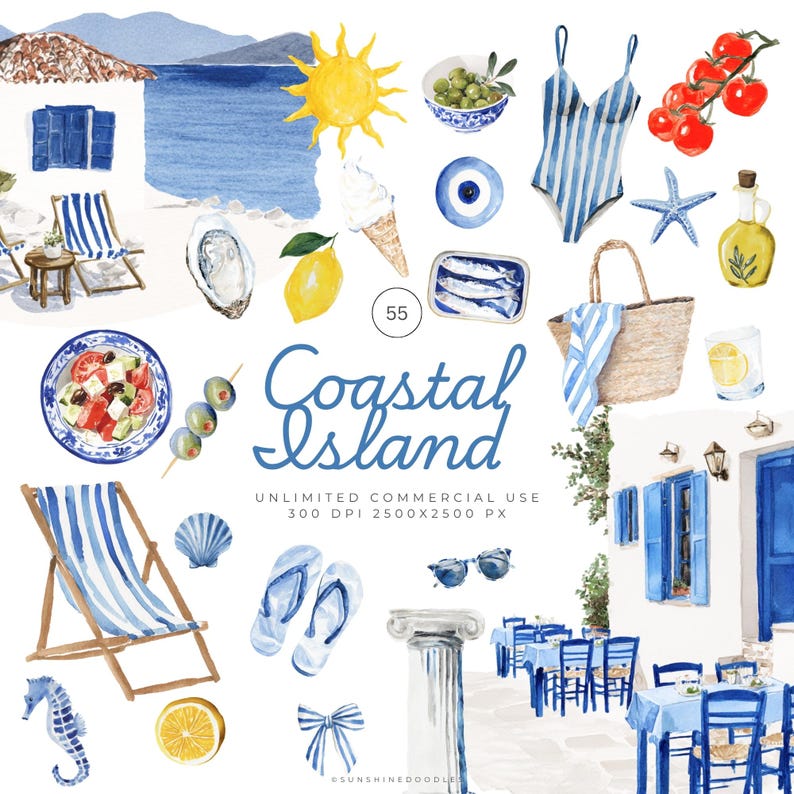 May include: Watercolor illustration with a coastal theme. Features a variety of beach and food items, including a striped swimsuit, beach chairs, olives, tomatoes, and a beach bag. The text "Coastal Island" is also present.