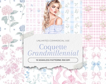 Grandmillennial Seamless Patterns Watercolor  | Vintage Floral Digital Papers | Pastel Cottagecore Pattern | Scrapbooking, Sublimation