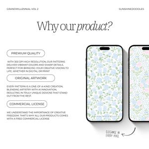 May include: Two smartphones displaying floral patterns. One features blue and green hydrangea blooms, the other pink and blue flowers. Text includes "Why our product?" and "Elegance in every pixel."