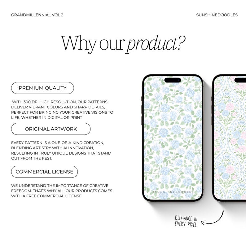 May include: Two smartphones displaying floral patterns. One features blue and green hydrangea blooms, the other pink and blue flowers. Text includes "Why our product?" and "Elegance in every pixel."