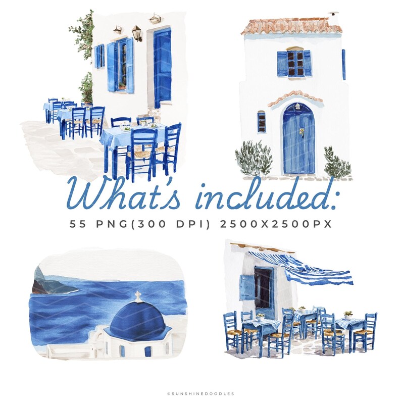 May include: Watercolor illustrations of Greek architecture with blue and white color schemes. The image includes scenes of buildings, doors, windows, and outdoor dining areas with tables and chairs. Text reads "What's included: 55 PNG (300 DPI) 2500x2500 PX".