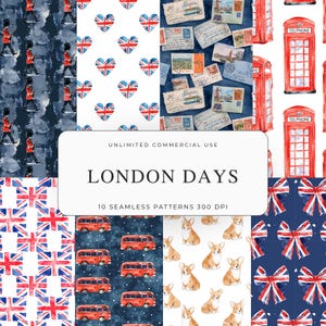 Può includere: Una collezione di motivi senza cuciture a tema Londra. I disegni includono cabine telefoniche rosse, bandiere Union Jack, guardie, autobus, cartoline e corgi. Il testo "LONDON DAYS" è visualizzato su sfondo bianco.