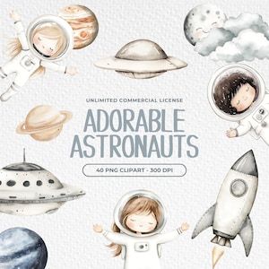 Clipart di astronauti ad acquerello, Clipart di spazio carino ad acquerello, Clipart di vivaio, Razzo, Nave, PNG spaziale, Clipart di pianeti, Licenza commerciale