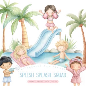 Pool Party Clipart Watercolor, Beach Clipart, Summer Clipart Kids, Birthday Party Pool, Ice cream clipart, Commercial Use Clipart