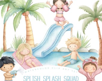 Pool Party Clipart Watercolor, Beach Clipart, Summer Clipart Kids, Birthday Party Pool, Ice cream clipart, Commercial Use Clipart