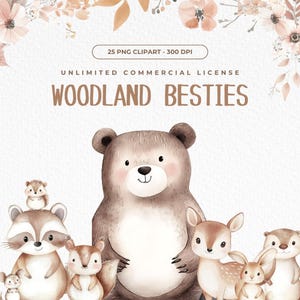 Watercolor cute woodland animals clipart, Woodland baby shower clipart, Boho Woodland Watercolor Clipart, Woodland Clipart, Bear PNG