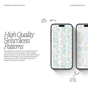 May include: Two smartphones displaying floral seamless patterns. One features blue and pink flowers on a white background, the other a similar design with a different layout. Text reads "High Quality Seamless Patterns" and "Designed with Care."