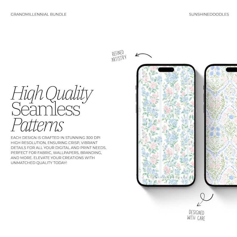 May include: Two smartphones displaying floral seamless patterns. One features blue and pink flowers on a white background, the other a similar design with a different layout. Text reads "High Quality Seamless Patterns" and "Designed with Care."
