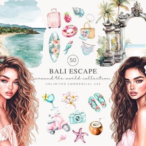 Clipart di Bali con acquerello, PNG di viaggi tropicali, illustrazioni di templi e spiagge di Bali, atmosfera da vacanza sull'isola, estetica PNG di Bali, download digitale
