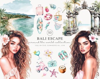 Watercolor Bali Clipart, Tropical Travel PNG, Bali Temple & Beach Illustrations, Island Vacation Vibes, Bali PNG Aesthetic, Digital Download