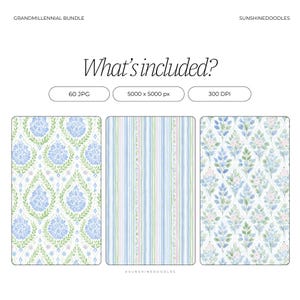 May include: Digital art bundle titled "Grandmillennial Bundle" with three watercolor patterns. The patterns include floral and striped designs in shades of blue, green, and pink. The bundle includes 60 JPG files, 5000 x 5000 px, and 300 DPI.