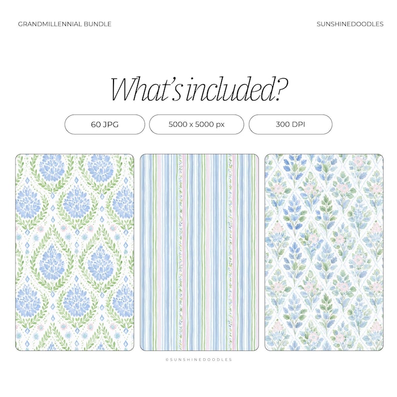 May include: Digital art bundle titled "Grandmillennial Bundle" with three watercolor patterns. The patterns include floral and striped designs in shades of blue, green, and pink. The bundle includes 60 JPG files, 5000 x 5000 px, and 300 DPI.