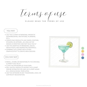 May include: A digital art print featuring a watercolor margarita cocktail with a lime wedge. The image is set against a white background and includes text that reads "Terms of Use" and details on permitted and prohibited uses of the artwork.