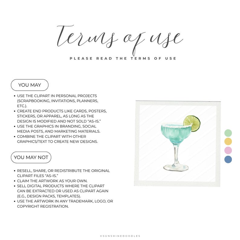 May include: A digital art print featuring a watercolor margarita cocktail with a lime wedge. The image is set against a white background and includes text that reads "Terms of Use" and details on permitted and prohibited uses of the artwork.