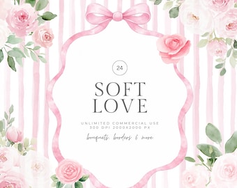 Soft Love Coquette Floral Arrangement Clipart, Watercolor Roses PNG, Rose Bouquet, Wedding Invitation Clipart, Coquette Floral PNG Clipart
