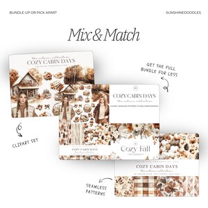 May include: Digital art bundle featuring the "Cozy Cabin Days" autumn collection. The image showcases clipart sets and seamless patterns with illustrations of cabins, fall foliage, and floral arrangements. The text "Mix & Match" is displayed.