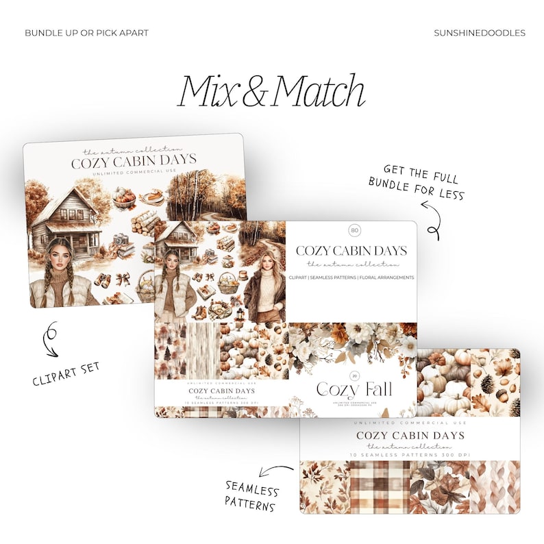 May include: Digital art bundle featuring the "Cozy Cabin Days" autumn collection. The image showcases clipart sets and seamless patterns with illustrations of cabins, fall foliage, and floral arrangements. The text "Mix & Match" is displayed.