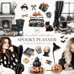 Halloween Planner Clipart, Spooky Planner stickers, Fall Digital Planner PNG, Halloween Clipart, Planner girl spooky, Digital Stickers