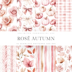 May include: Ten seamless patterns with a Rosé Autumn theme. The patterns include watercolour illustrations of roses, bows, pumpkins, and leaves in pink, peach, and brown hues. The text "Rosé Autumn" is displayed.