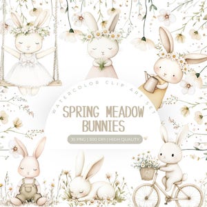 Aquarel vintage konijntje clipart, cottagecore paashaas, lente clipart png, schattige konijntje png, kwekerij clipart, wilde bloemen png clipart