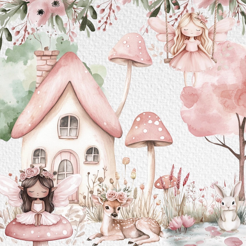 May include: A watercolor illustration of a whimsical fairy tale scene with a pink cottage, mushrooms, a deer, a fairy, and a rabbit. The cottage has a pink roof and white walls with windows. The mushrooms are pink and white with white spots. The deer is brown with white spots. The fairy is wearing a pink dress and has blonde hair. The rabbit is white with pink ears.