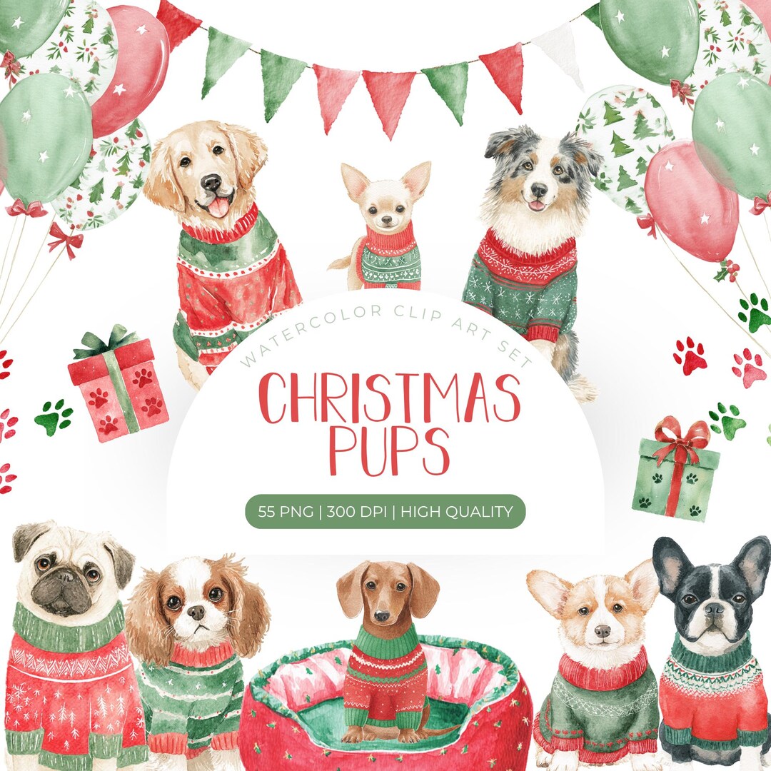 Christmas Dogs Watercolor Clipart | Dog Breeds PNG | Dog Christmas ...