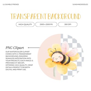 May include: Watercolor illustration of a cute cartoon bee with closed eyes, resting on a yellow flower with pink petals. The bee has black and yellow stripes and a small smile. The image has a transparent background.
