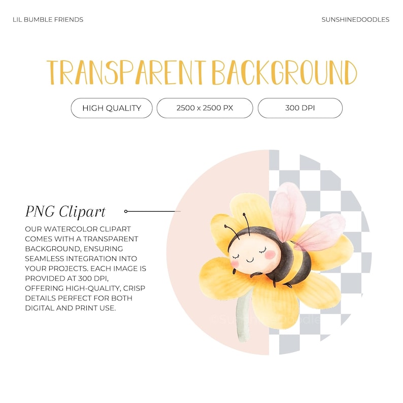 May include: Watercolor illustration of a cute cartoon bee with closed eyes, resting on a yellow flower with pink petals. The bee has black and yellow stripes and a small smile. The image has a transparent background.