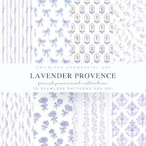 May include: A collection of ten seamless patterns in shades of lavender and white. Designs include bows, lavender sprigs, and floral bouquets. The text "LAVENDER PROVENCE" and "french provincial collection" are visible.