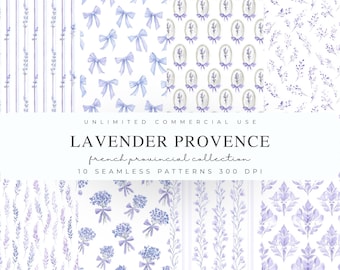 Lavender Coquette Seamless Patterns, Lavender Digital Paper, Bows Watercolor Backgrounds, Vintage Floral Purple Pattern, Toile Pattern