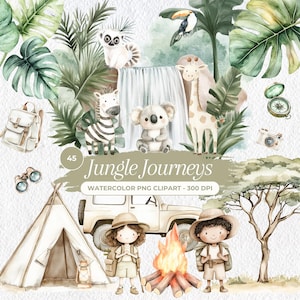 Lindo safari en acuarela, clipart de animales de safari para guardería, clipart de jungla, safari de pequeños exploradores, safari en acuarela para niños, safari PNG