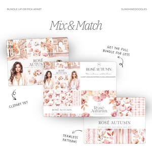 May include: Digital art bundle featuring the "Ros&eacute; Autumn" collection. Includes clipart sets and seamless patterns with floral arrangements and autumn themes. The image displays the text "Mix & Match" and "Get the full bundle for less."