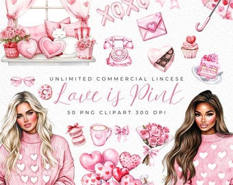 May include: A set of 50 pink and white Valentine's Day themed digital clipart images. The clipart includes illustrations of hearts, flowers, balloons, a window, a phone, a cupcake, a cake, a donut, a bow, an umbrella, a pair of sunglasses, a coffee cup, a macaron, a perfume bottle, and two women wearing pink sweaters with hearts. The text "Love is Pink" is included in the image.