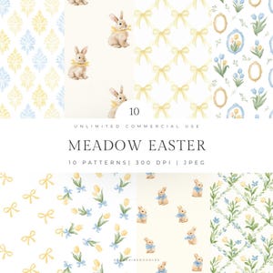 Op de afbeelding: Een verzameling van tien digitale patronen met een Meadow Easter-thema. De patronen bevatten konijntjes, strikken, bloemmotieven en decoratieve elementen in pastelkleuren. De tekst op de afbeelding luidt "MEADOW EASTER" en "10 PATTERNS | 300 DPI | JPEG".