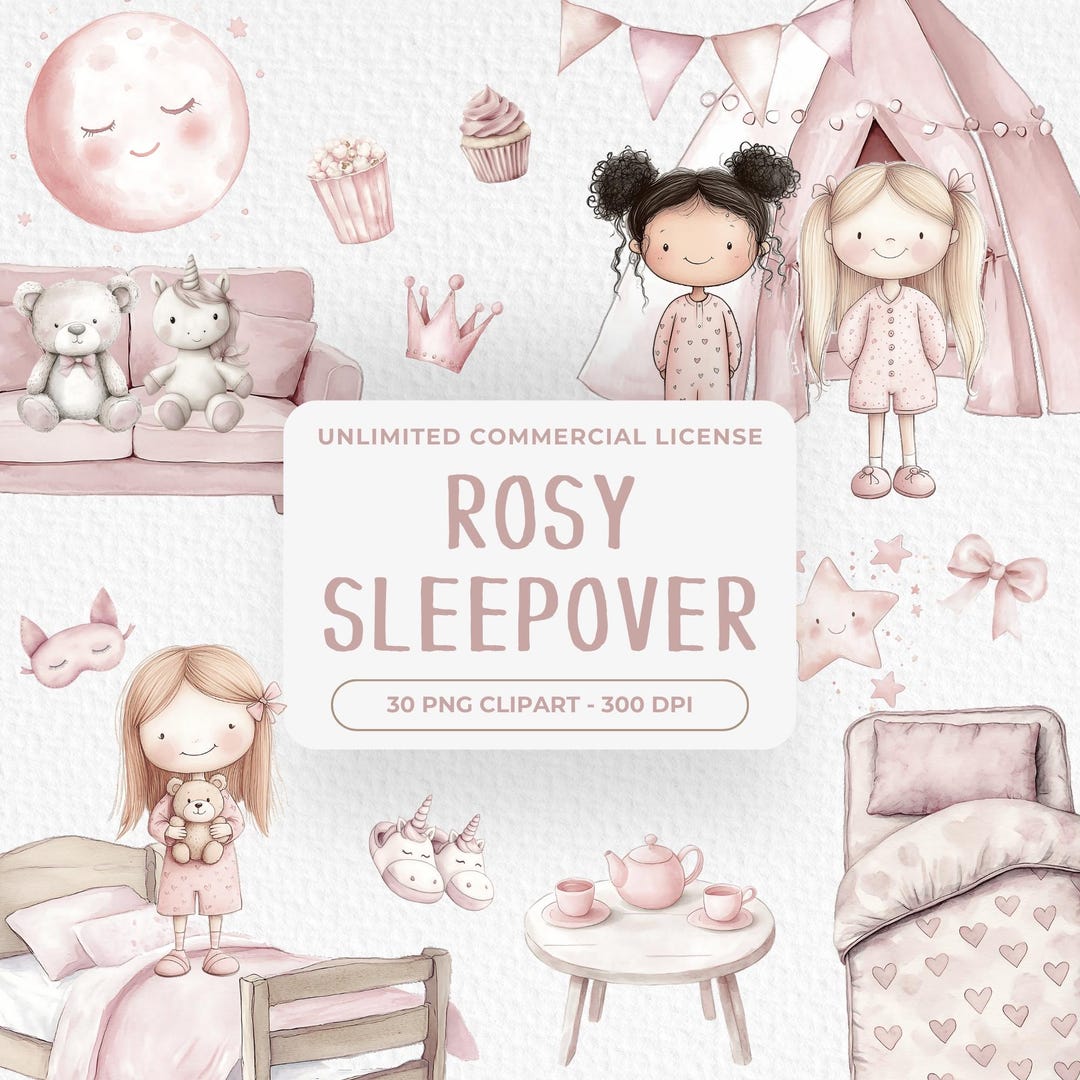 Pajama Party Clipart Watercolor, Cute Nursery Clipart, Slumber Party ...