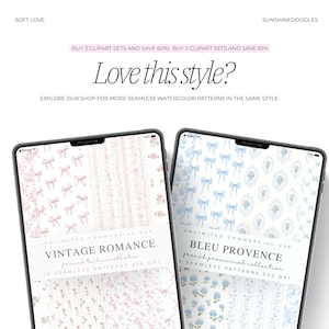 May include: Two digital tablets display watercolor patterns. One shows pink bows and flowers, labeled "Vintage Romance." The other features blue bows and floral designs, titled "Bleu Provence." Text reads "Love this style?" and "Explore our shop."