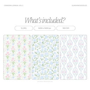May include: Digital art set titled "Grandmillennial Vol 2" featuring three floral patterns: pink tulips with blue bows, blue hydrangeas, and a pink floral design. The image includes the text "What's included?" and details about the files.