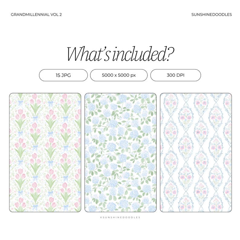 May include: Digital art set titled "Grandmillennial Vol 2" featuring three floral patterns: pink tulips with blue bows, blue hydrangeas, and a pink floral design. The image includes the text "What's included?" and details about the files.