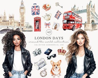 Watercolor London Clipart, British Travel PNG, London Landmarks PNG, UK City Clipart, London Fashion Girl, British Clipart, Digital Download