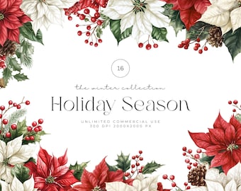 Holiday Season Floral Arrangements Clipart, Watercolor Winter Flowers, Winter Wedding Flowers Bouquet, Poinsettia Flower Clipart, Floral PNG
