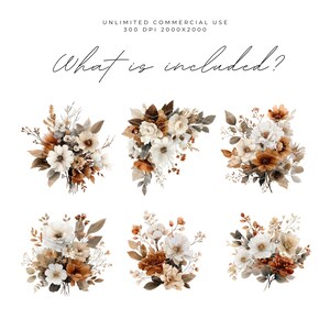 May include: Six watercolour floral arrangements in white, brown, and beige. The image shows bouquets with different flowers and leaves. Text at the top reads "Unlimited Commercial Use" and "What is included?"