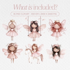 May include: Set of 35 digital clipart images featuring cute fairies with pink wings and dresses. The fairies are illustrated in a watercolor style with delicate details. The images are 300 DPI and 2000 x 2000 pixels in size.