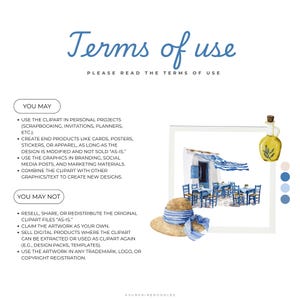 May include: Watercolor illustration with text "Terms of Use". The image includes a straw hat with a blue ribbon, a bottle of olive oil, and a scene of a Greek cafe. The text details the permitted and prohibited uses of the clipart.
