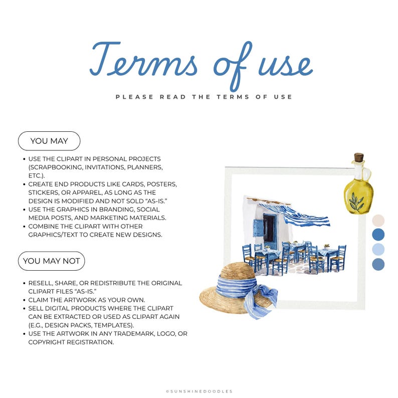 May include: Watercolor illustration with text "Terms of Use". The image includes a straw hat with a blue ribbon, a bottle of olive oil, and a scene of a Greek cafe. The text details the permitted and prohibited uses of the clipart.