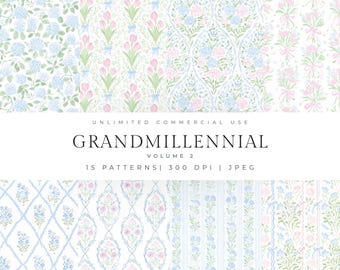 Grandmillennial seamless patterns, vintage preppy patterns, watercolor floral patterns, vintage floral patterns, scrapbook paper, floral jpg