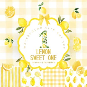 May include: A watercolour clip art set with a lemon theme, featuring the text "Lemon Sweet One". The design includes a yellow frame, a bow, and the number one decorated with lemons. The background has a yellow gingham pattern.