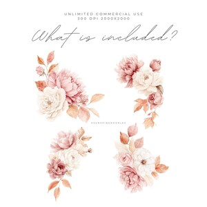 May include: Watercolor floral arrangements featuring peonies, roses, and leaves in shades of pink, cream, and peach. The text "What is included?" is written in a script font. The image also includes the text "UNLIMITED COMMERCIAL USE 300 DPI 2000X2000" and the @sunshinedoodles logo.